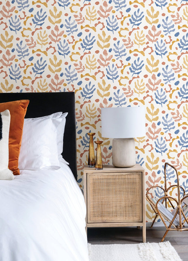 Mira Blue & Orange Peel & Stick Wallpaper with Bohemian Botanical Leaves Pattern - NuWallpaper NUS4938