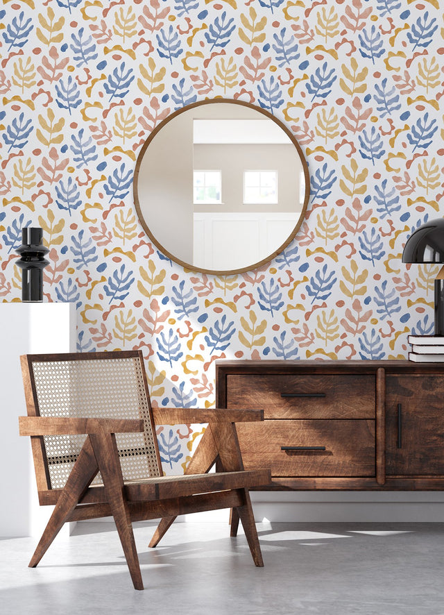 Mira Blue & Orange Peel & Stick Wallpaper with Bohemian Botanical Leaves Pattern - NuWallpaper NUS4938
