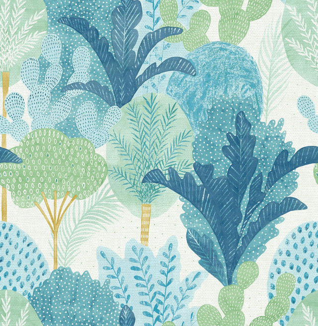 Keilani Teal Peel & Stick Wallpaper with Botanical Trees - NuWallpaper NUS4975