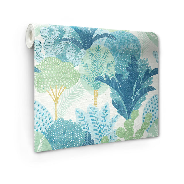 Keilani Teal Peel & Stick Wallpaper with Botanical Trees - NuWallpaper NUS4975