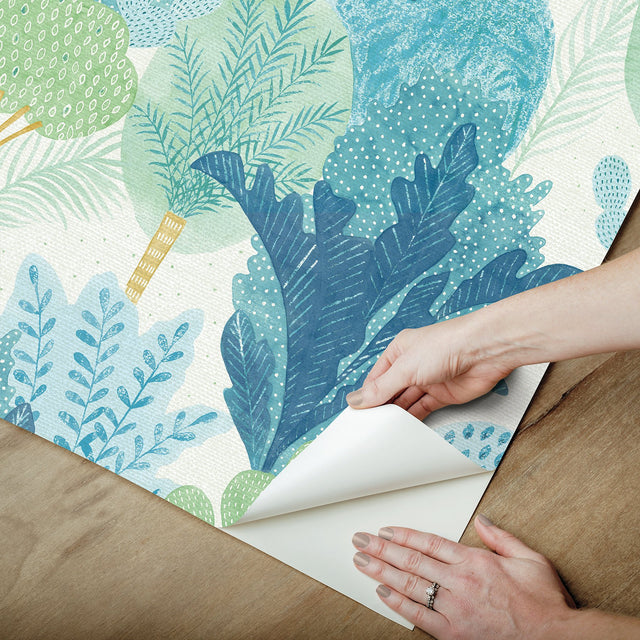 Keilani Teal Peel & Stick Wallpaper with Botanical Trees - NuWallpaper NUS4975