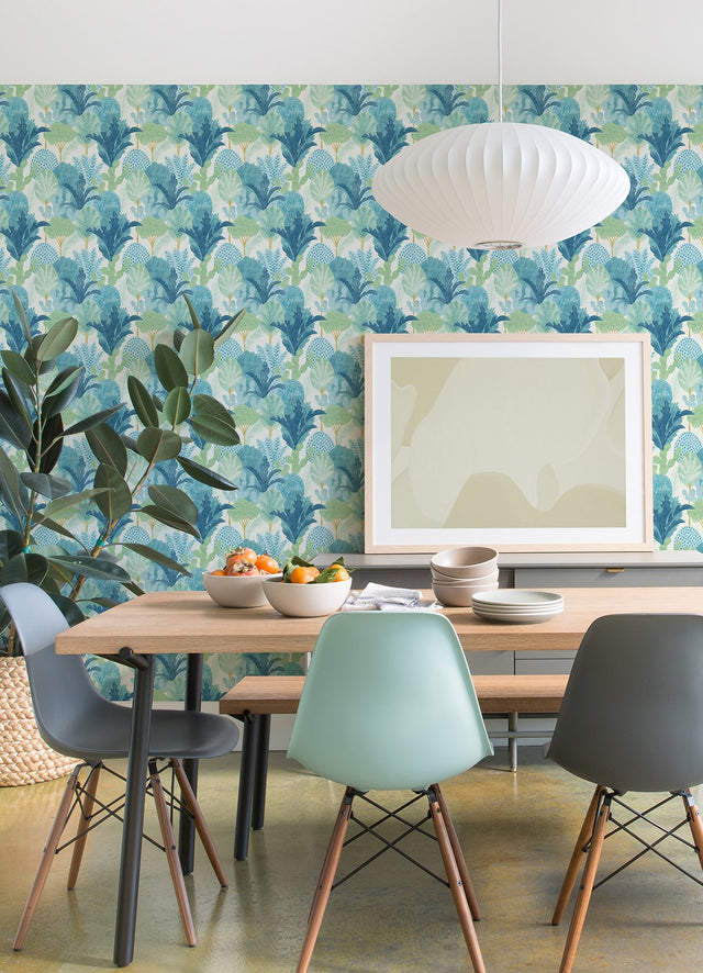 Keilani Teal Peel & Stick Wallpaper with Botanical Trees - NuWallpaper NUS4975