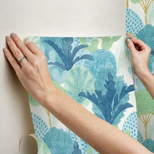 Keilani Teal Peel & Stick Wallpaper with Botanical Trees - NuWallpaper NUS4975