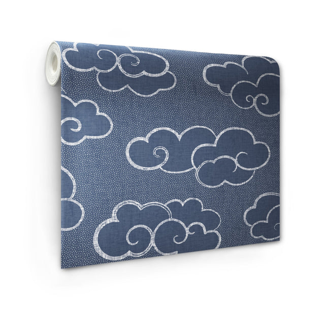 Alto Navy Peel & Stick Wallpaper with Whimsical Cloud Graphics - NuWallpaper NUS4981