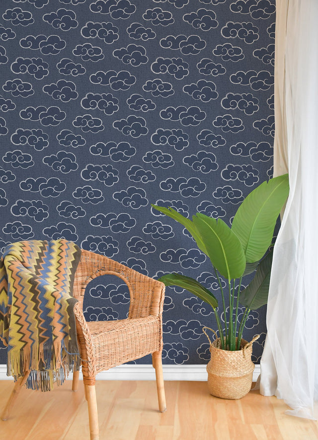 Alto Navy Peel & Stick Wallpaper with Whimsical Cloud Graphics - NuWallpaper NUS4981