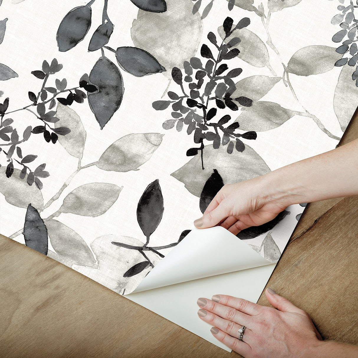 Breezy Black Peel & Stick Wallpaper with Farmhouse Botanical Leaf Motif - NuWallpaper NUS4983