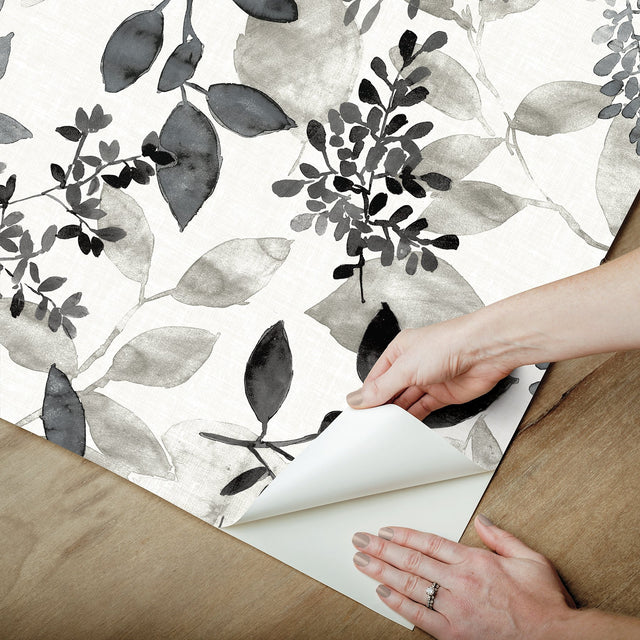 Breezy Black Peel & Stick Wallpaper with Farmhouse Botanical Leaf Motif - NuWallpaper NUS4983