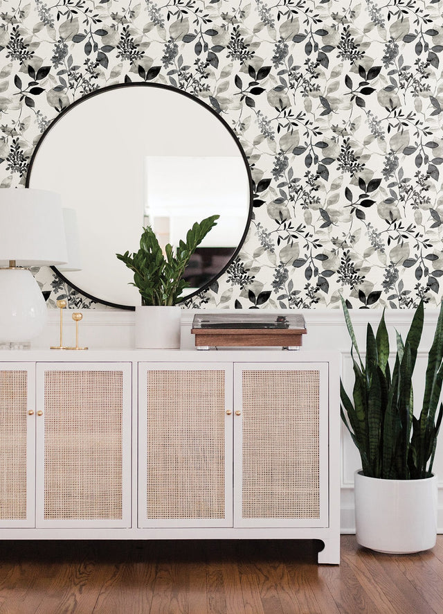 Breezy Black Peel & Stick Wallpaper with Farmhouse Botanical Leaf Motif - NuWallpaper NUS4983