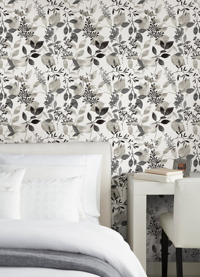 Breezy Black Peel & Stick Wallpaper with Farmhouse Botanical Leaf Motif - NuWallpaper NUS4983