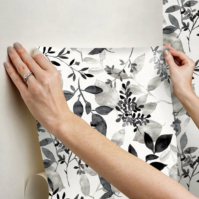 Breezy Black Peel & Stick Wallpaper with Farmhouse Botanical Leaf Motif - NuWallpaper NUS4983