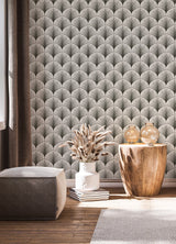 Amari Grey Peel & Stick Wallpaper with Art Deco Fan Ogee - NuWallpaper NUS4985