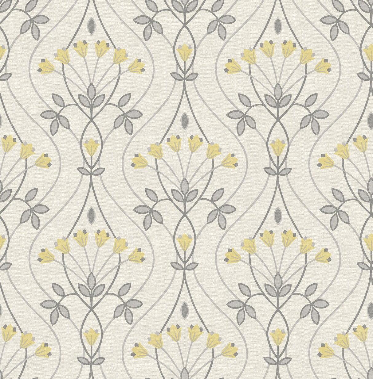 Wilder Grey Peel & Stick Wallpaper with Yellow Scandinavian Tulip Ogee Pattern - NuWallpaper NUS4986