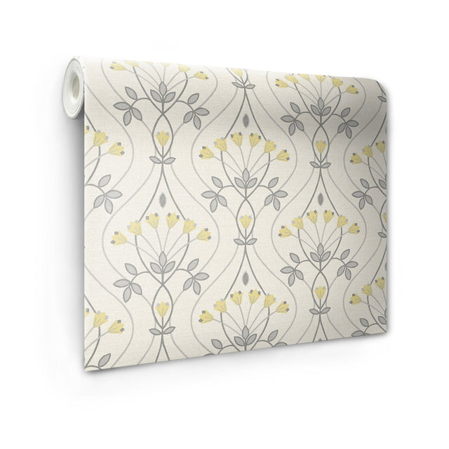 Wilder Grey Peel & Stick Wallpaper with Yellow Scandinavian Tulip Ogee Pattern - NuWallpaper NUS4986