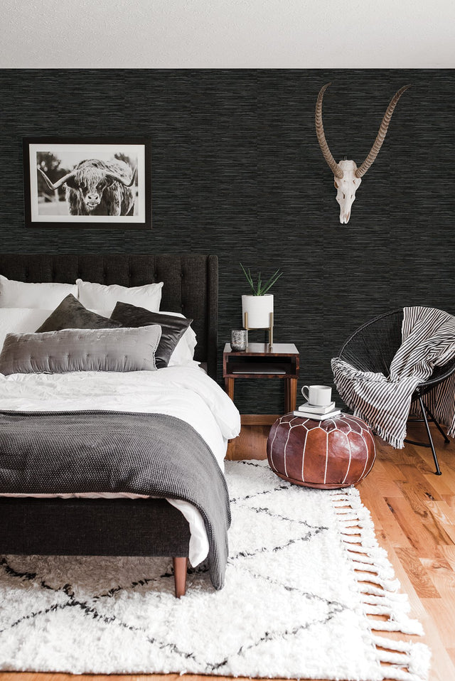 Grassweave Black Peel & Stick Wallpaper with Faux Grasscloth Texture, Traditional Graphics - NuWallpaper NUS4992