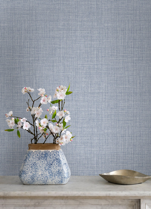Lansdowne Blue Peel & Stick Wallpaper with Fabric Texture Pattern, Traditional Style - NuWallpaper NUS4997