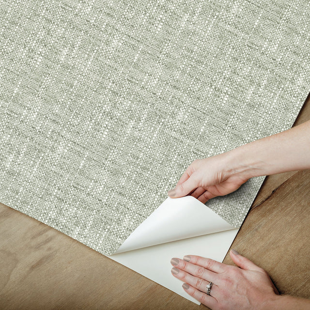Poplin Sage Peel & Stick Wallpaper with Fabric Texture Pattern, Traditional Style - NUS5000