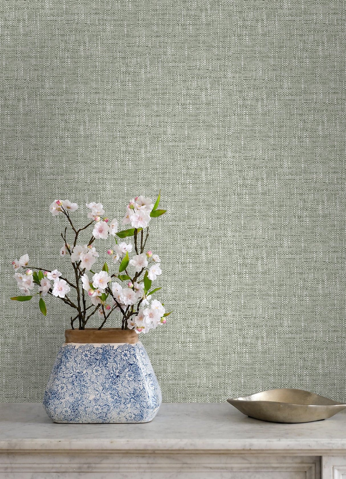Poplin Sage Peel & Stick Wallpaper with Fabric Texture Pattern, Traditional Style - NUS5000