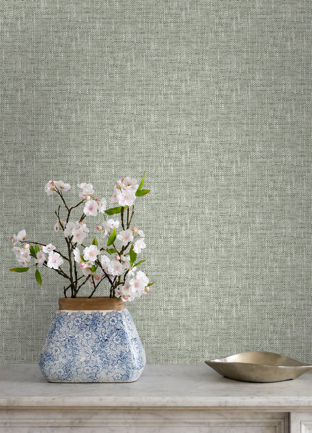 Poplin Sage Peel & Stick Wallpaper with Fabric Texture Pattern, Traditional Style - NUS5000