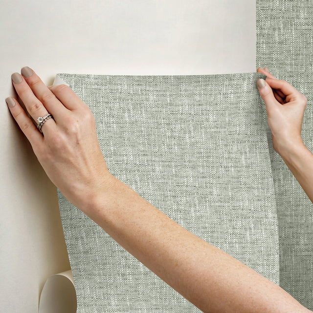 Poplin Sage Peel & Stick Wallpaper with Fabric Texture Pattern, Traditional Style - NUS5000
