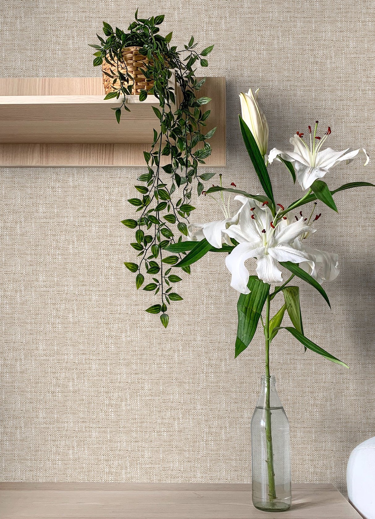 Poplin Tan Peel & Stick Wallpaper with Fabric Textures Pattern, Traditional Style - NuWallpaper NUS5002
