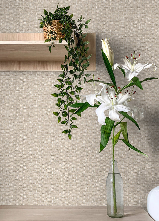 Poplin Tan Peel & Stick Wallpaper with Fabric Textures Pattern, Traditional Style - NuWallpaper NUS5002