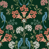 Meadow Song Green Peel & Stick Wallpaper with Botanical Bird Damask Pattern - NuWallpaper NUS6093