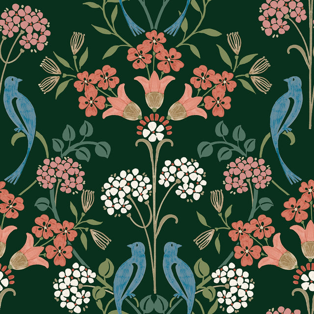 Meadow Song Green Peel & Stick Wallpaper with Botanical Bird Damask Pattern - NuWallpaper NUS6093