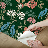 Meadow Song Green Peel & Stick Wallpaper with Botanical Bird Damask Pattern - NuWallpaper NUS6093