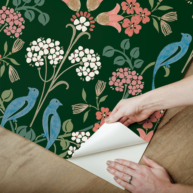 Meadow Song Green Peel & Stick Wallpaper with Botanical Bird Damask Pattern - NuWallpaper NUS6093