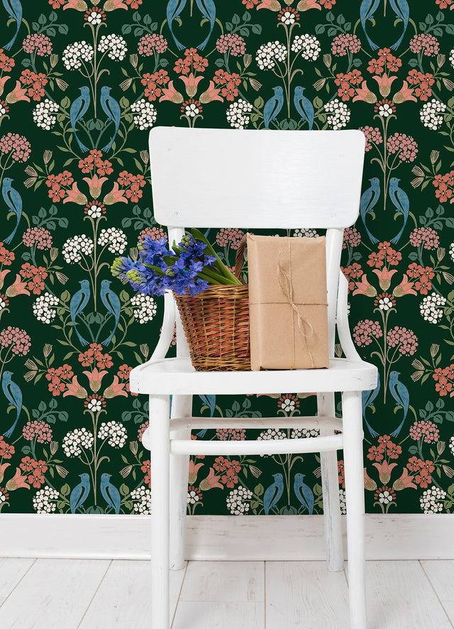 Meadow Song Green Peel & Stick Wallpaper with Botanical Bird Damask Pattern - NuWallpaper NUS6093