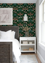 Meadow Song Green Peel & Stick Wallpaper with Botanical Bird Damask Pattern - NuWallpaper NUS6093