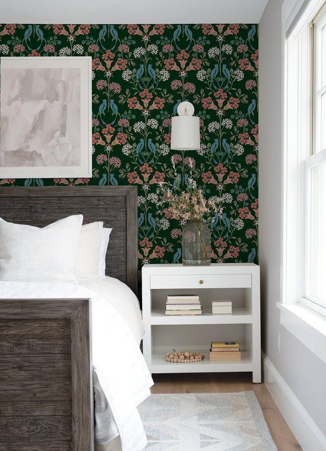 Meadow Song Green Peel & Stick Wallpaper with Botanical Bird Damask Pattern - NuWallpaper NUS6093