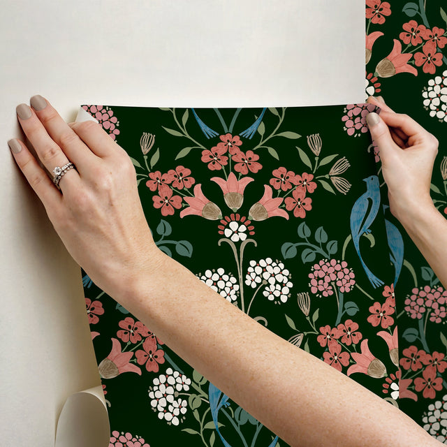 Meadow Song Green Peel & Stick Wallpaper with Botanical Bird Damask Pattern - NuWallpaper NUS6093