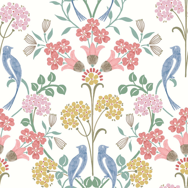 Meadow Song Pink Peel & Stick Wallpaper with Botanical Bird Damask - NuWallpaper NUS6094