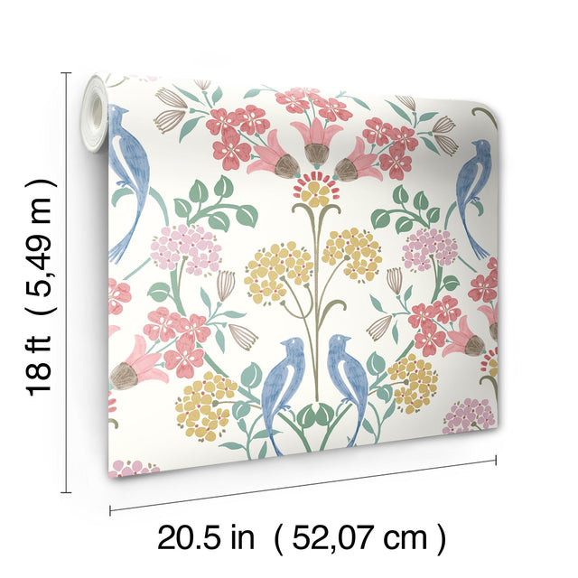 Meadow Song Pink Peel & Stick Wallpaper with Botanical Bird Damask - NuWallpaper NUS6094