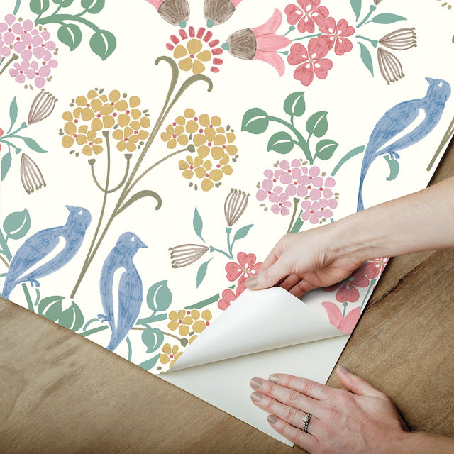 Meadow Song Pink Peel & Stick Wallpaper with Botanical Bird Damask - NuWallpaper NUS6094