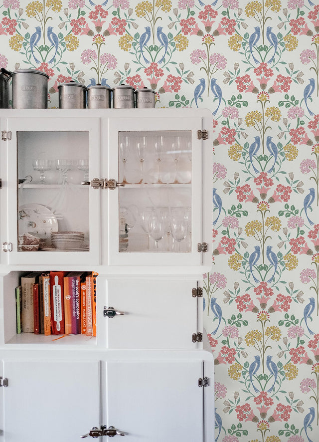 Meadow Song Pink Peel & Stick Wallpaper with Botanical Bird Damask - NuWallpaper NUS6094