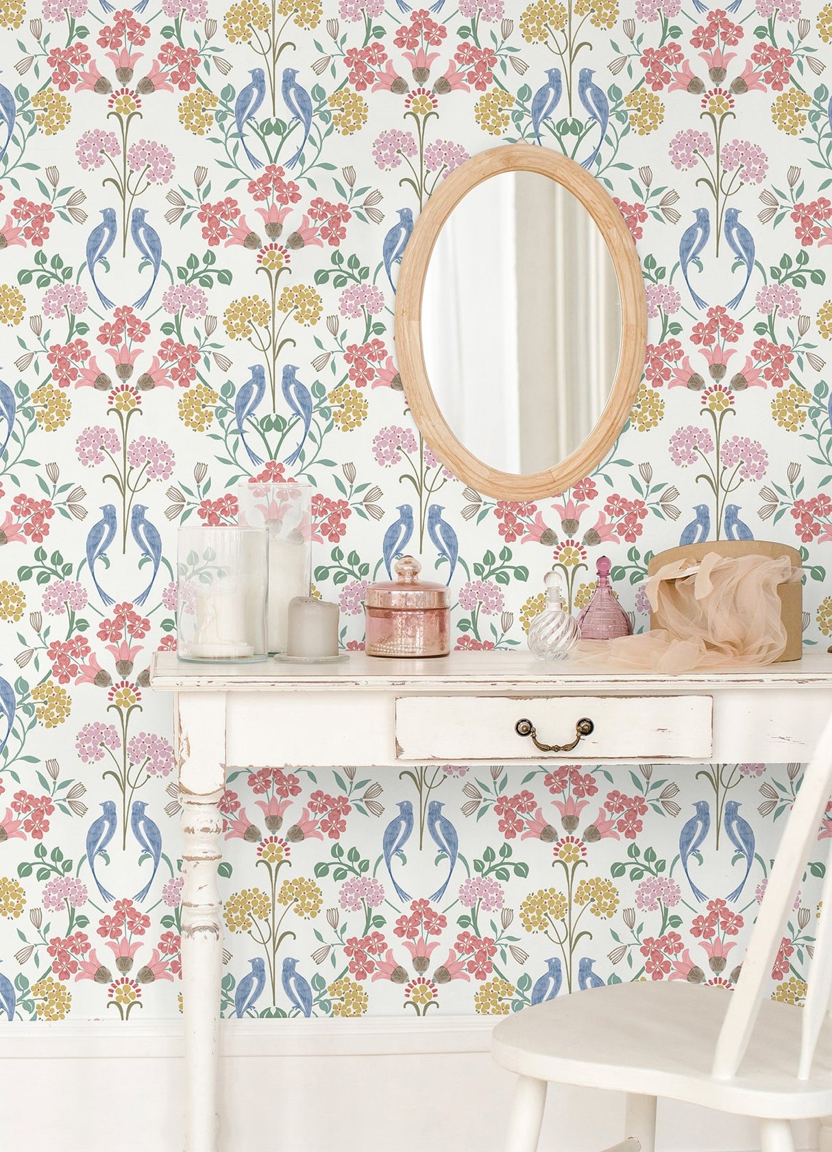 Meadow Song Pink Peel & Stick Wallpaper with Botanical Bird Damask - NuWallpaper NUS6094