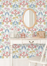 Meadow Song Pink Peel & Stick Wallpaper with Botanical Bird Damask - NuWallpaper NUS6094