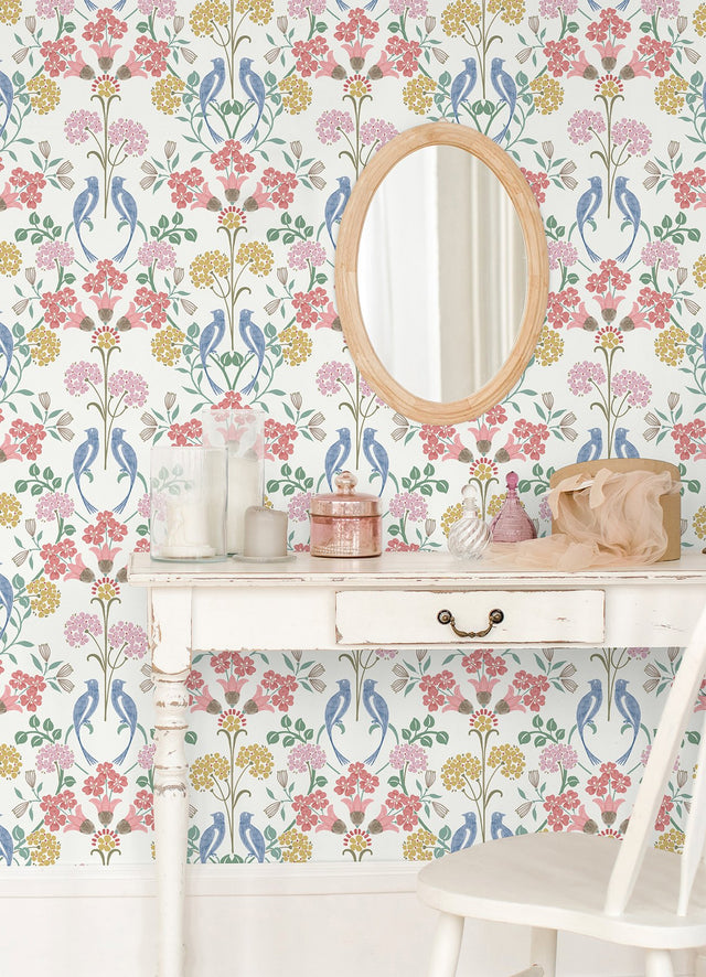 Meadow Song Pink Peel & Stick Wallpaper with Botanical Bird Damask - NuWallpaper NUS6094