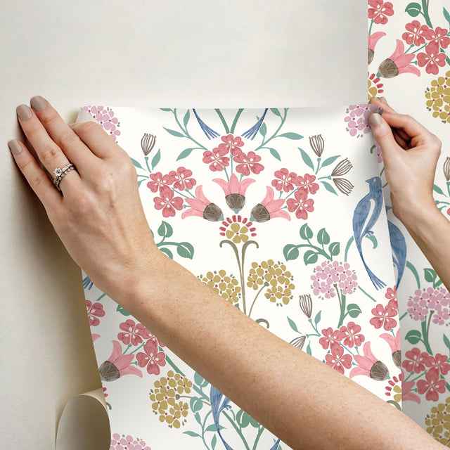 Meadow Song Pink Peel & Stick Wallpaper with Botanical Bird Damask - NuWallpaper NUS6094
