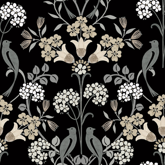 Meadow Song Black & Neutral Peel & Stick Wallpaper with Botanical Damask and Farmhouse Style - NUS6095