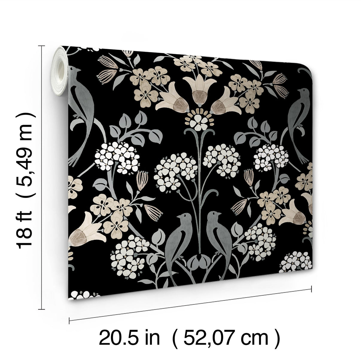 Meadow Song Black & Neutral Peel & Stick Wallpaper with Botanical Damask and Farmhouse Style - NUS6095