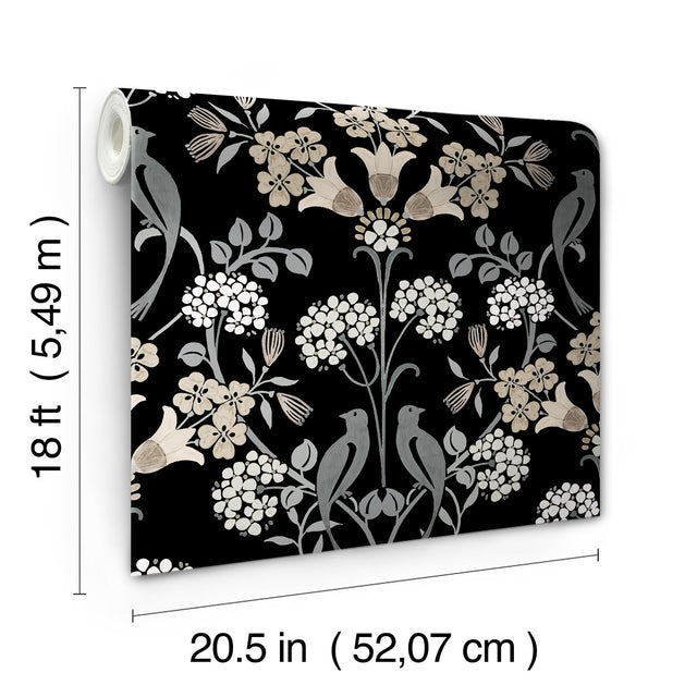 Meadow Song Black & Neutral Peel & Stick Wallpaper with Botanical Damask and Farmhouse Style - NUS6095