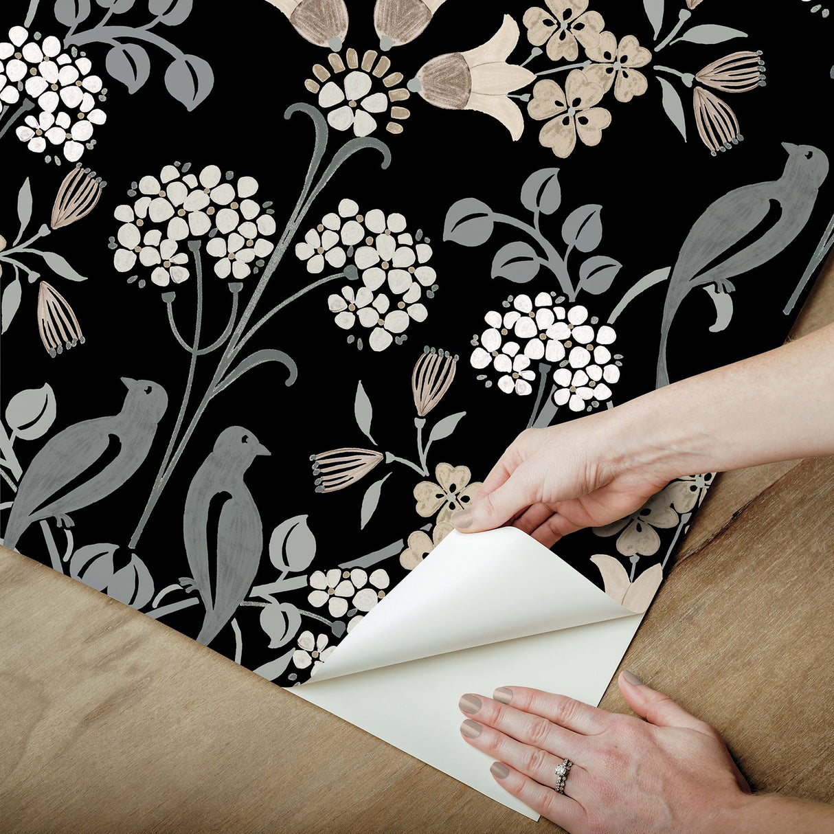 Meadow Song Black & Neutral Peel & Stick Wallpaper with Botanical Damask and Farmhouse Style - NUS6095