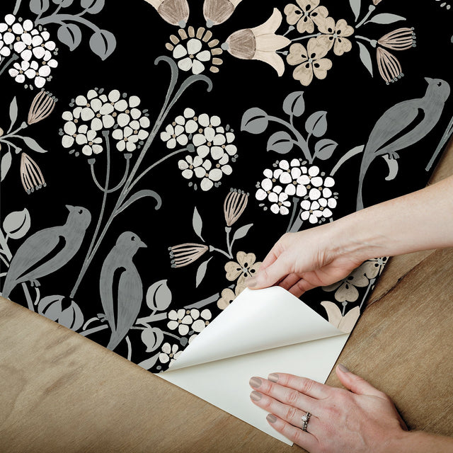 Meadow Song Black & Neutral Peel & Stick Wallpaper with Botanical Damask and Farmhouse Style - NUS6095