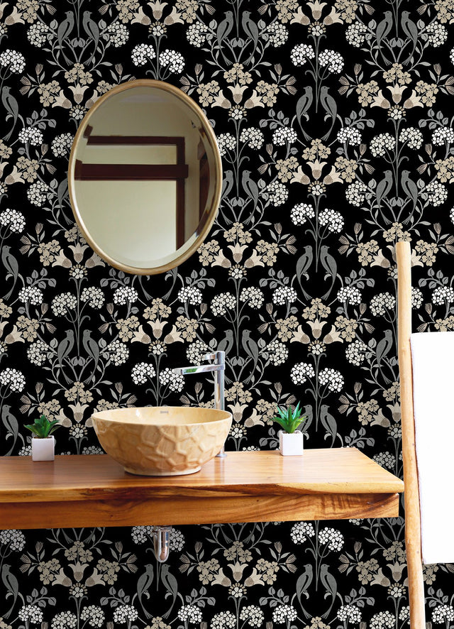 Meadow Song Black & Neutral Peel & Stick Wallpaper with Botanical Damask and Farmhouse Style - NUS6095