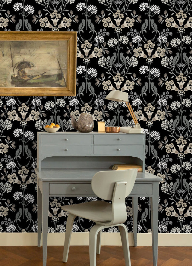 Meadow Song Black & Neutral Peel & Stick Wallpaper with Botanical Damask and Farmhouse Style - NUS6095