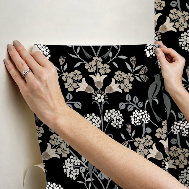 Meadow Song Black & Neutral Peel & Stick Wallpaper with Botanical Damask and Farmhouse Style - NUS6095