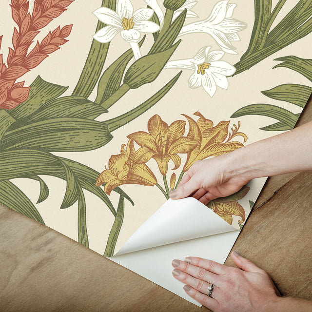 Blooming Villa Linen & Olive Peel & Stick Wallpaper with Botanical Floral Pattern, Farmhouse Style - NuWallpaper NUS6097